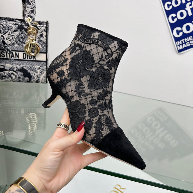 DIOR 25S POINTED-TOE ANKLE BOOTS 50 MM IN BLACK MESH TULLE AND SUEDE