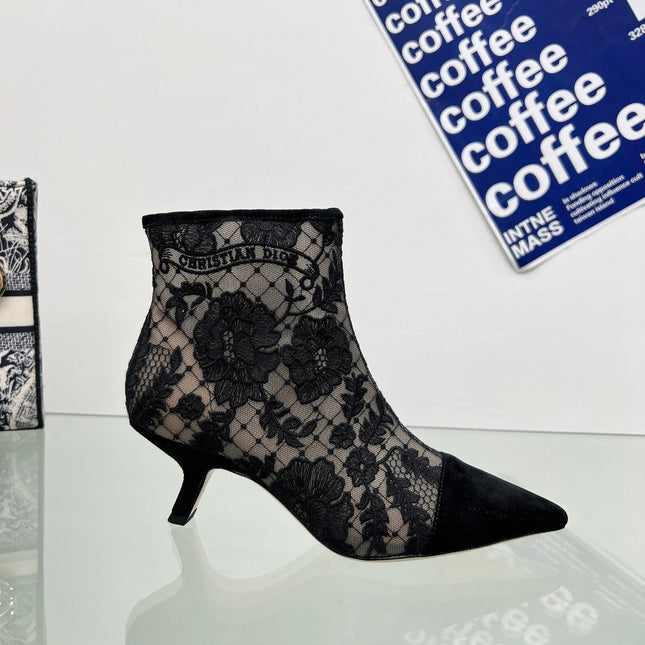 DIOR 25S POINTED-TOE ANKLE BOOTS 50 MM IN BLACK MESH TULLE AND SUEDE