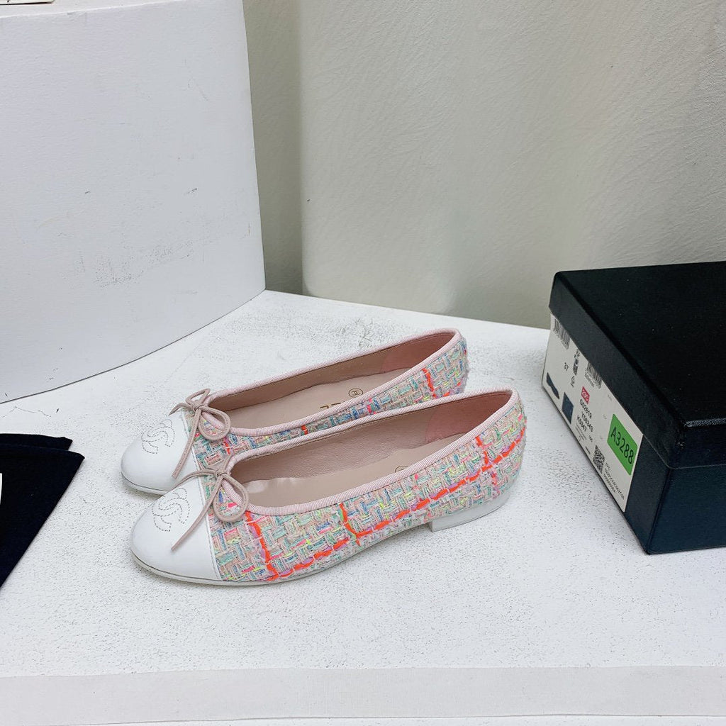 ballet flat pink red white tweed grosgrain