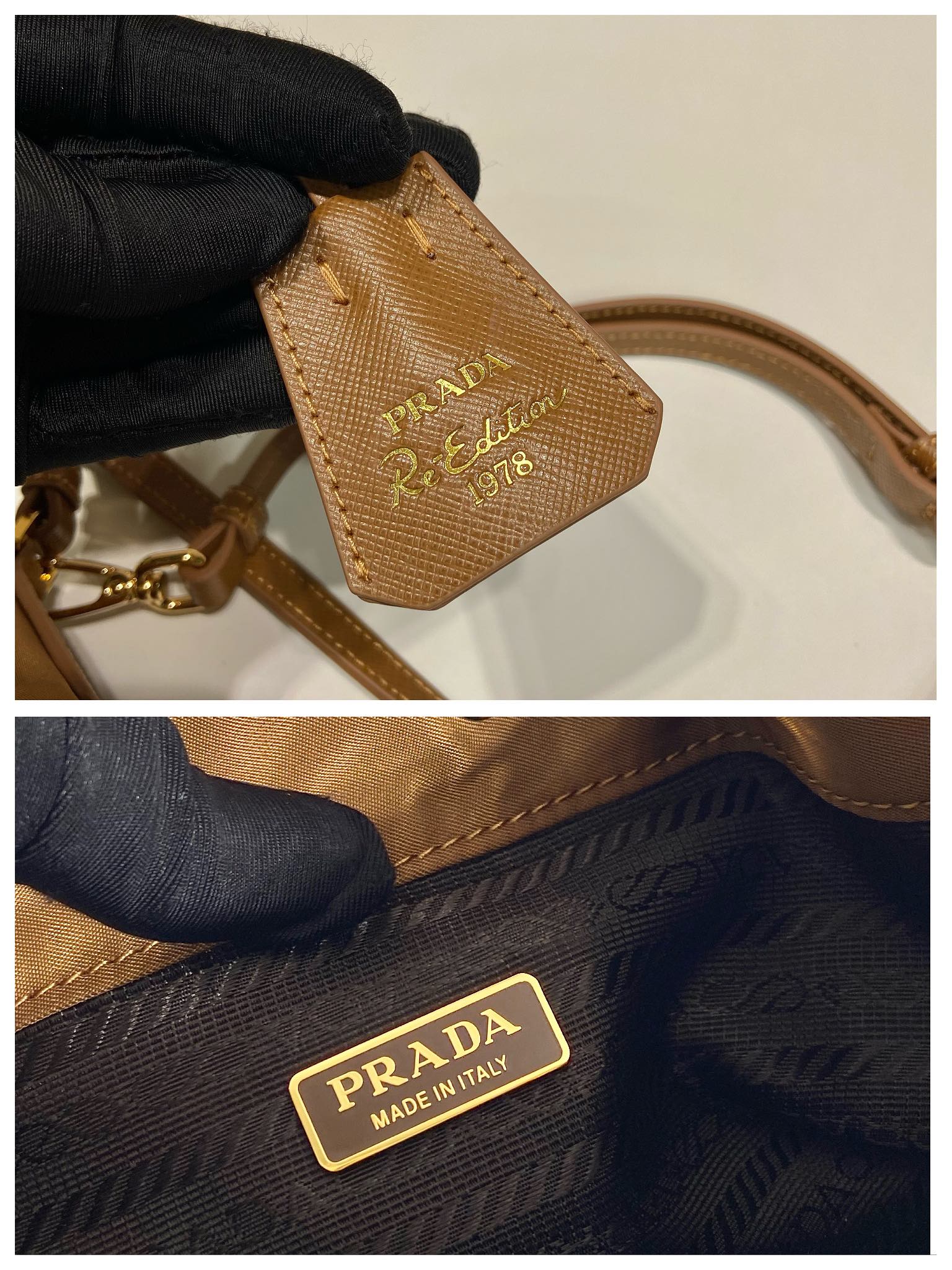 BUCKET BAG 19 IN RUSSET BROWN RE-NYLON AND CALFSKIN HANDLE