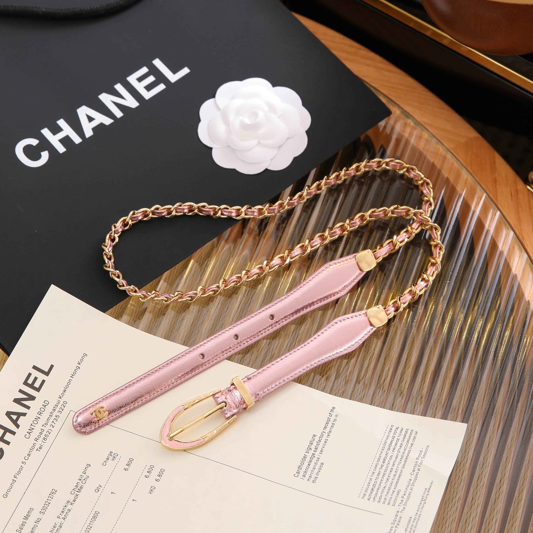 CC CHAIN BELT WITH GOLD HARDWARE AN LIGHT PINK CALFSKIN