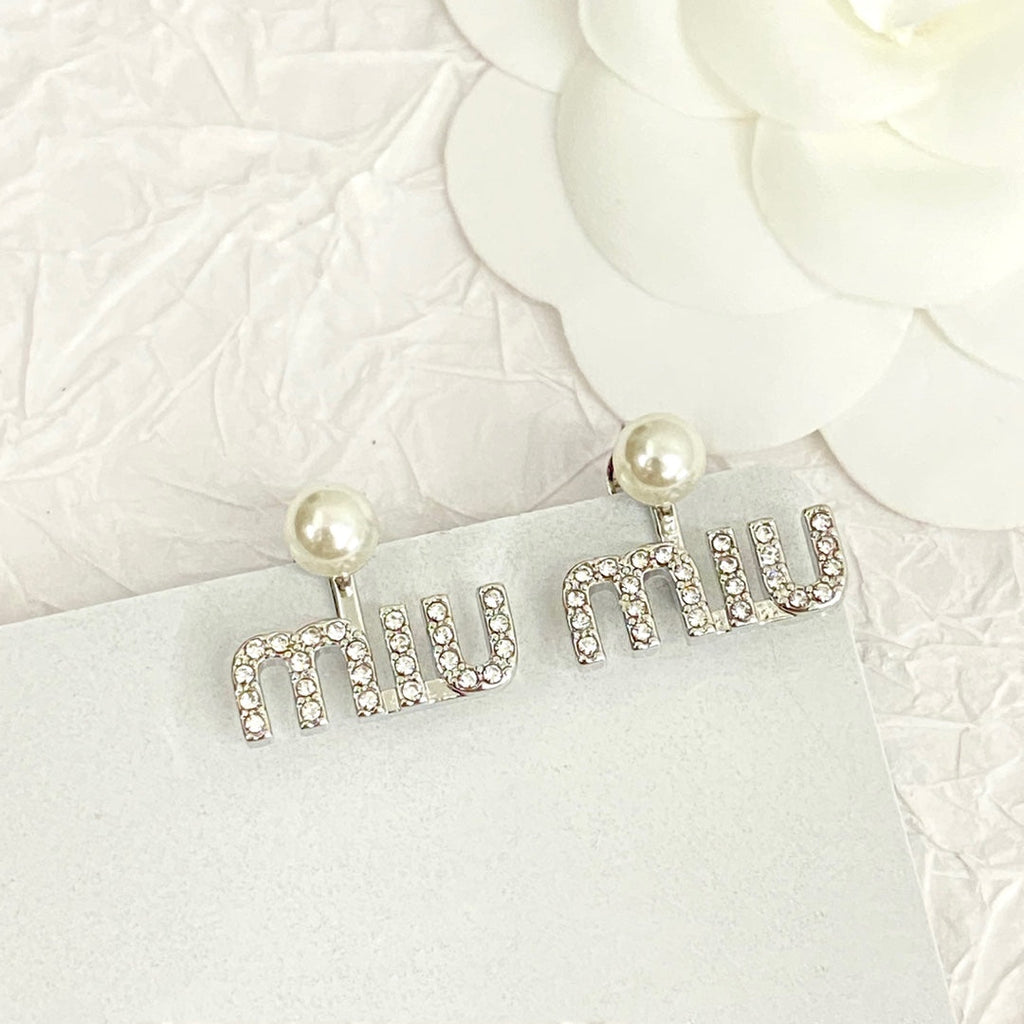 MIUMIU 26S PEARL LOGO DROP EARRINGS WITH CRYSTALS IN SILVER TONE METAL 625655