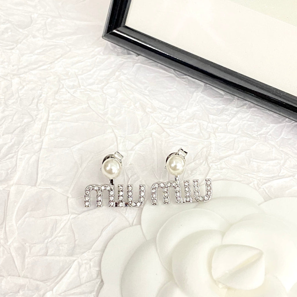 MIUMIU 26S PEARL LOGO DROP EARRINGS WITH CRYSTALS IN SILVER TONE METAL 625655