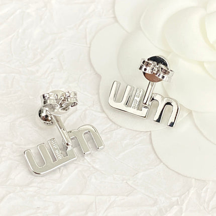 MIUMIU 26S PEARL LOGO DROP EARRINGS WITH CRYSTALS IN SILVER TONE METAL 625655