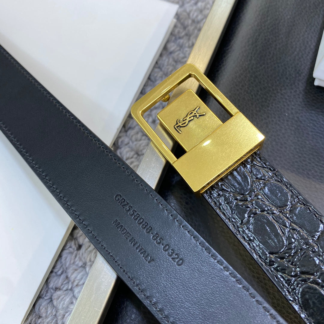 YSL 25S BELT 30 MM IN BLACK EMBOSSED CALFSKIN 548096