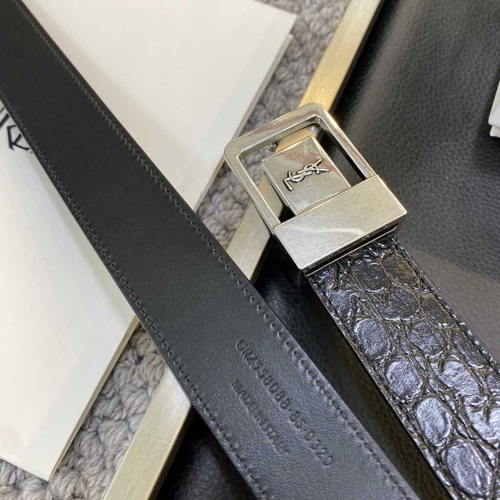 YSL 25S BELT 30 MM IN BLACK EMBOSSED CALFSKIN 548097