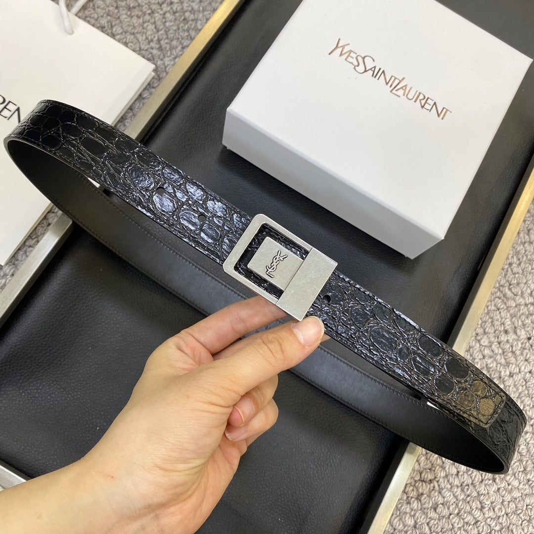 YSL 25S BELT 30 MM IN BLACK EMBOSSED CALFSKIN 548097
