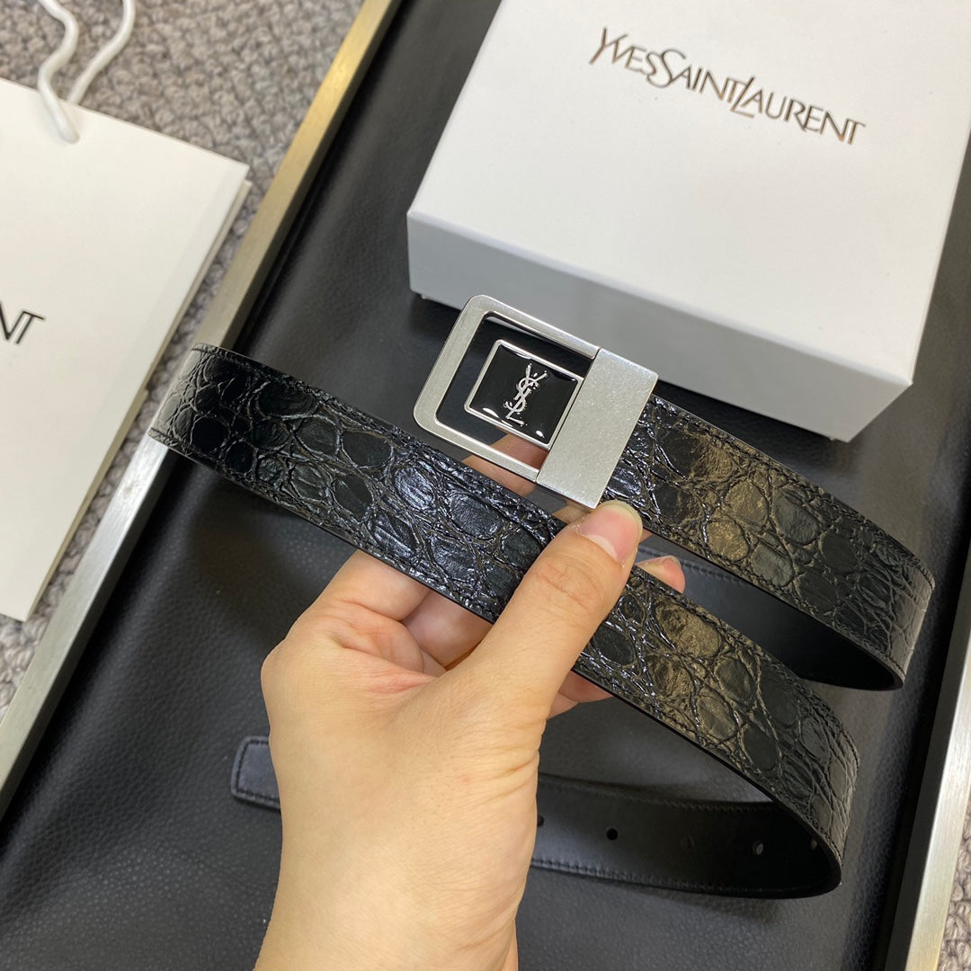 YSL 25S BELT 30 MM IN BLACK EMBOSSED CALFSKIN 464868