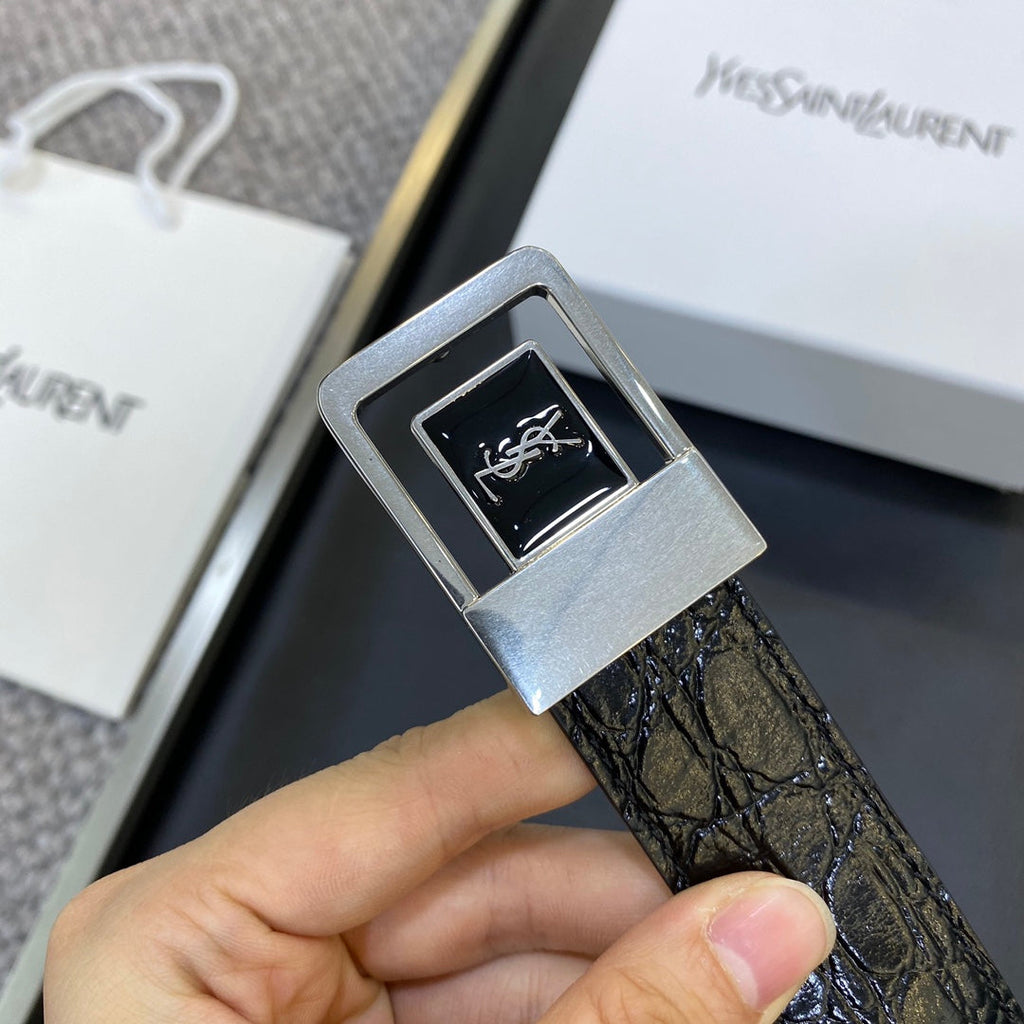 YSL 25S BELT 30 MM IN BLACK EMBOSSED CALFSKIN 464868