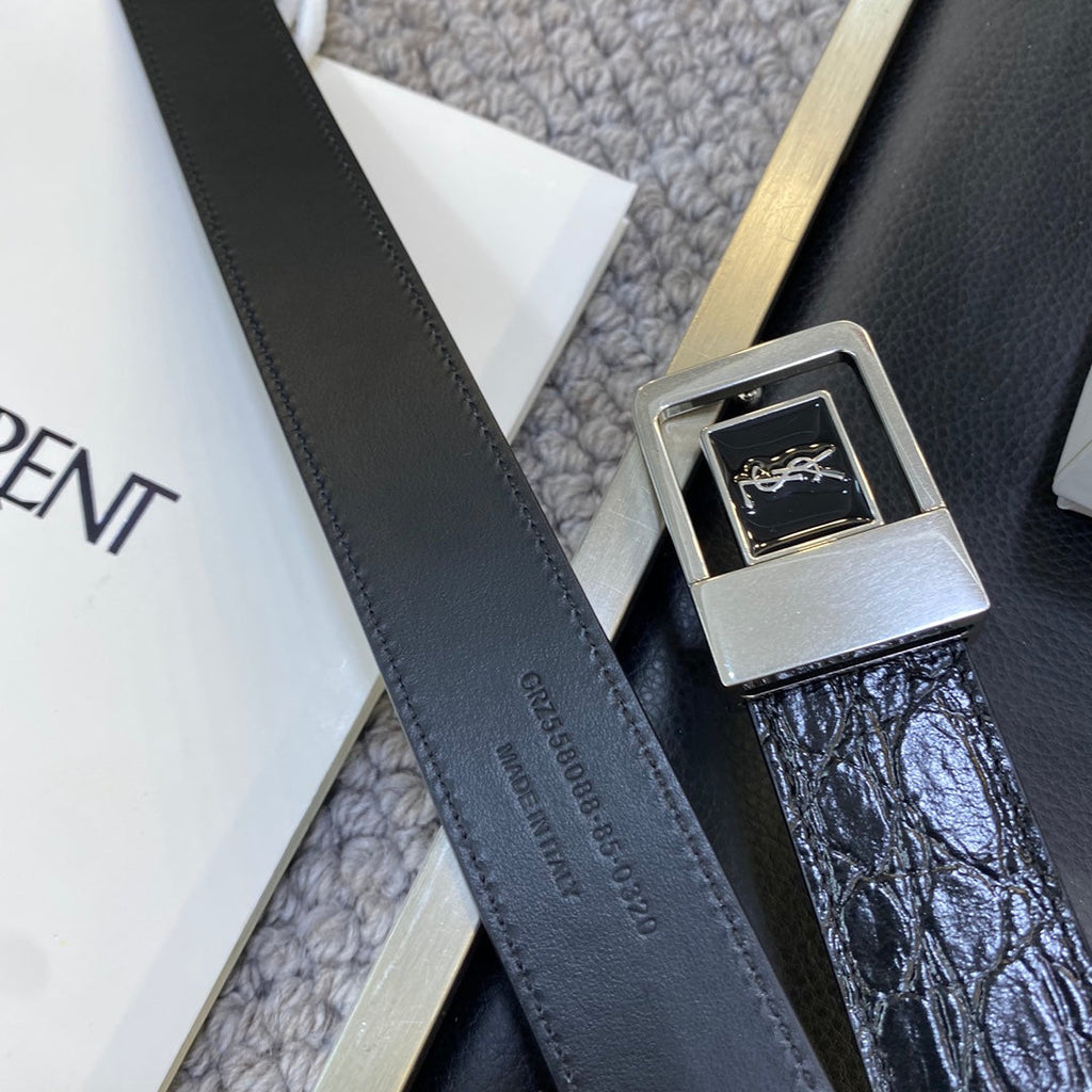 YSL 25S BELT 30 MM IN BLACK EMBOSSED CALFSKIN 464868