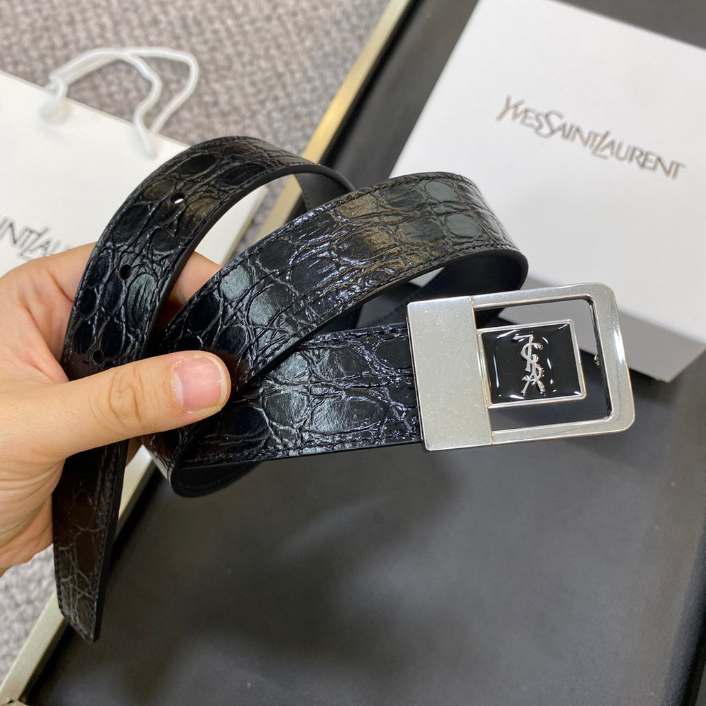 YSL 25S BELT 30 MM IN BLACK EMBOSSED CALFSKIN 464868
