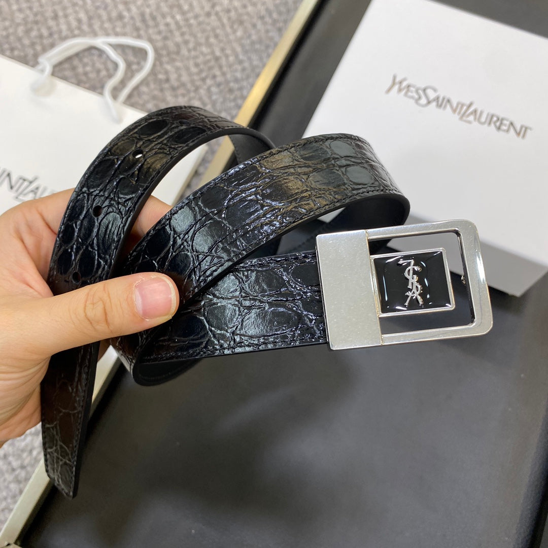 YSL 25S BELT 30 MM IN BLACK EMBOSSED CALFSKIN 464868