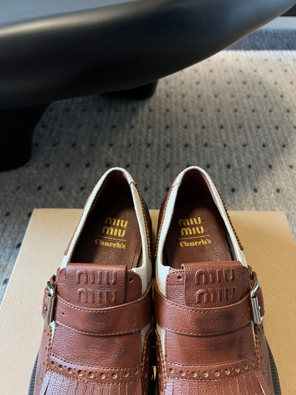 MIUMIU 26S FRINGE BUCKLE LOAFERS IN BROWN CALFSKIN