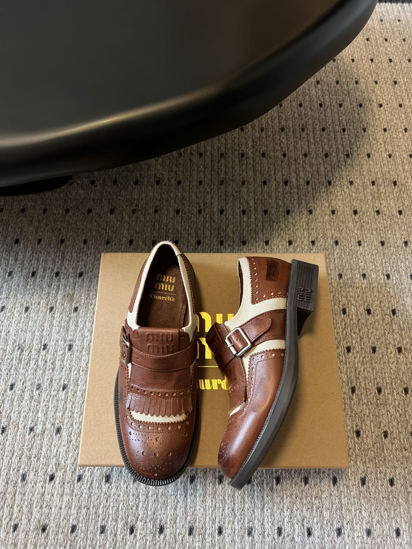MIUMIU 26S FRINGE BUCKLE LOAFERS IN BROWN CALFSKIN