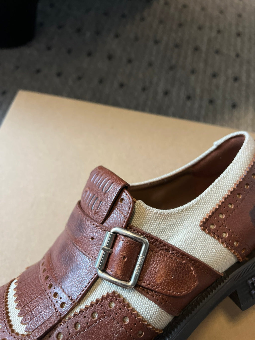 MIUMIU 26S FRINGE BUCKLE LOAFERS IN BROWN CALFSKIN