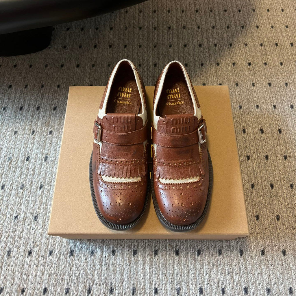 MIUMIU 26S FRINGE BUCKLE LOAFERS IN BROWN CALFSKIN