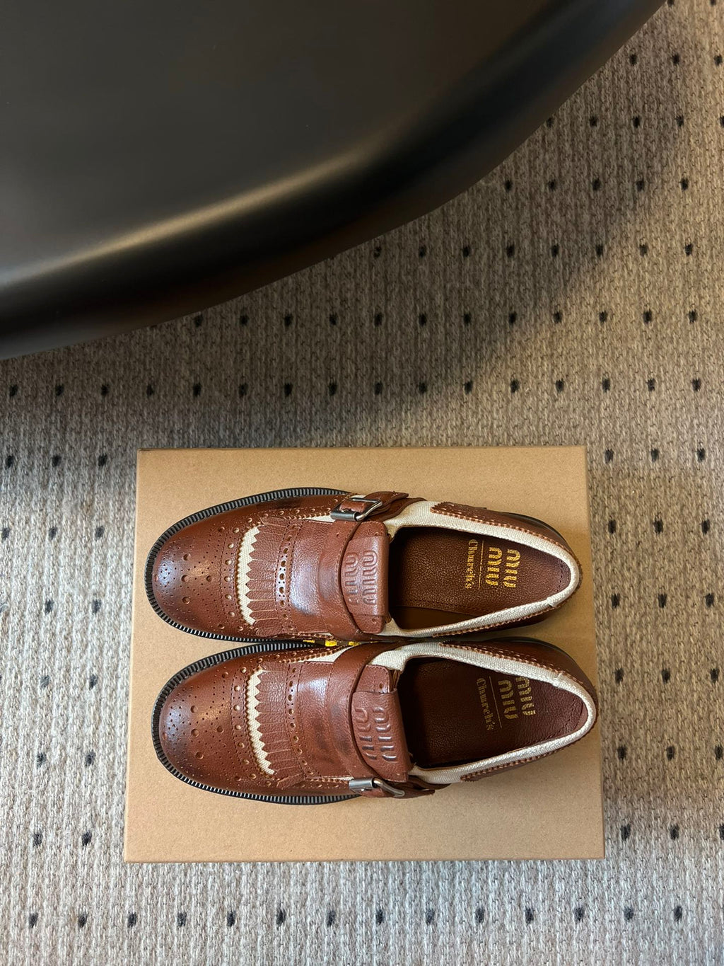 MIUMIU 26S FRINGE BUCKLE LOAFERS IN BROWN CALFSKIN