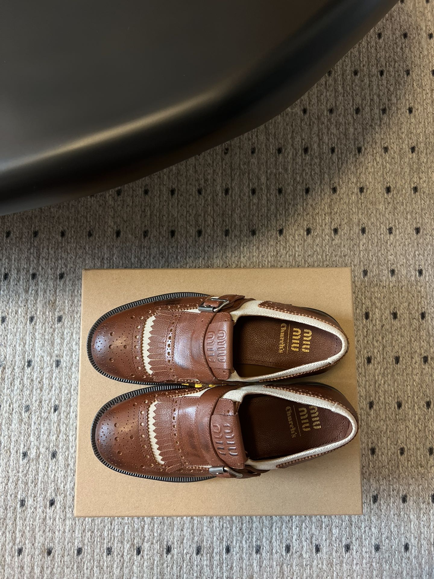 MIUMIU 26S FRINGE BUCKLE LOAFERS IN BROWN CALFSKIN