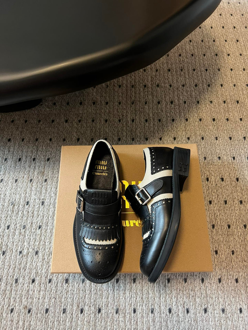 MIUMIU 26S FRINGE BUCKLE LOAFERS IN BLACK CALFSKIN