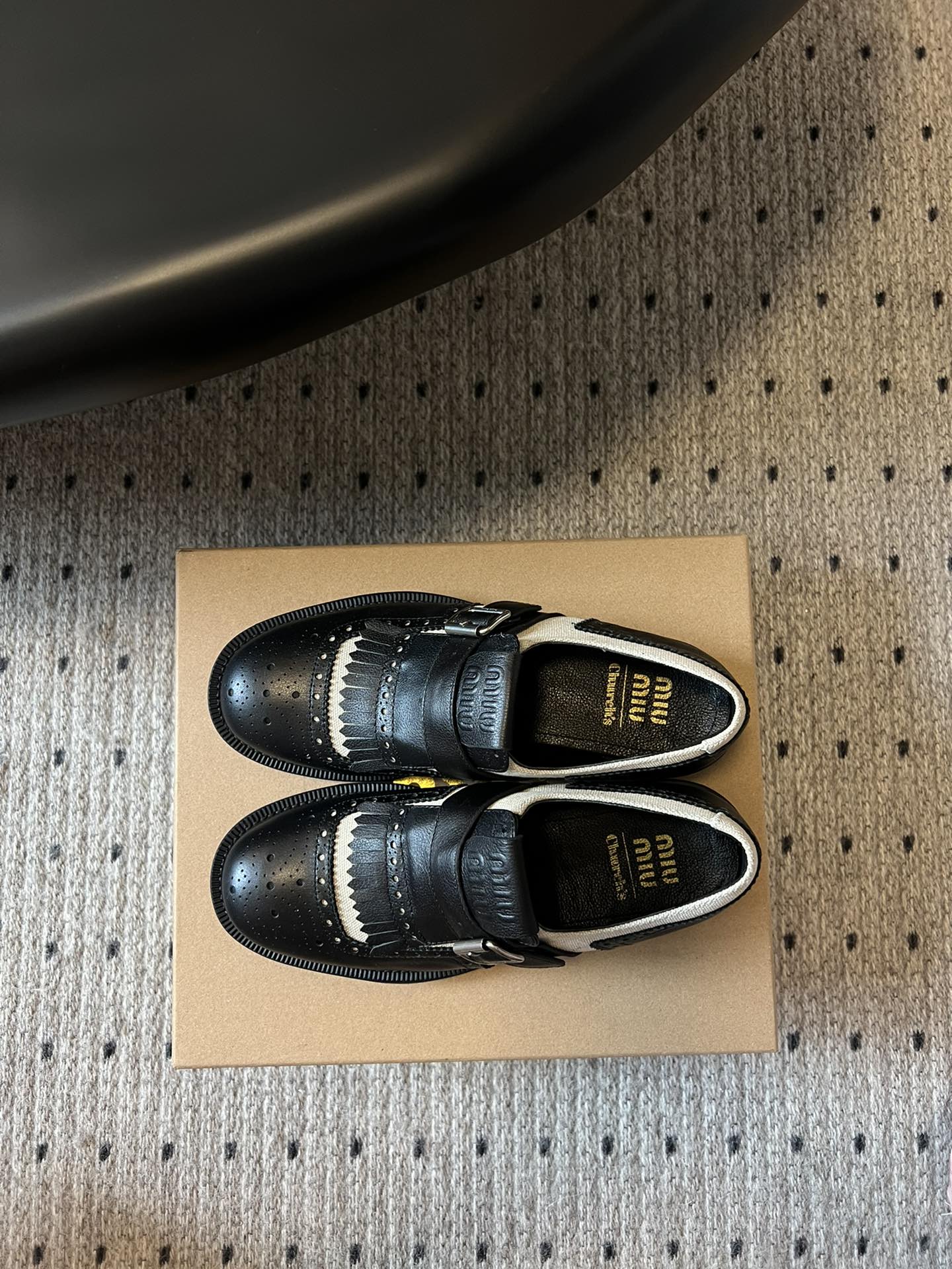 MIUMIU 26S FRINGE BUCKLE LOAFERS IN BLACK CALFSKIN