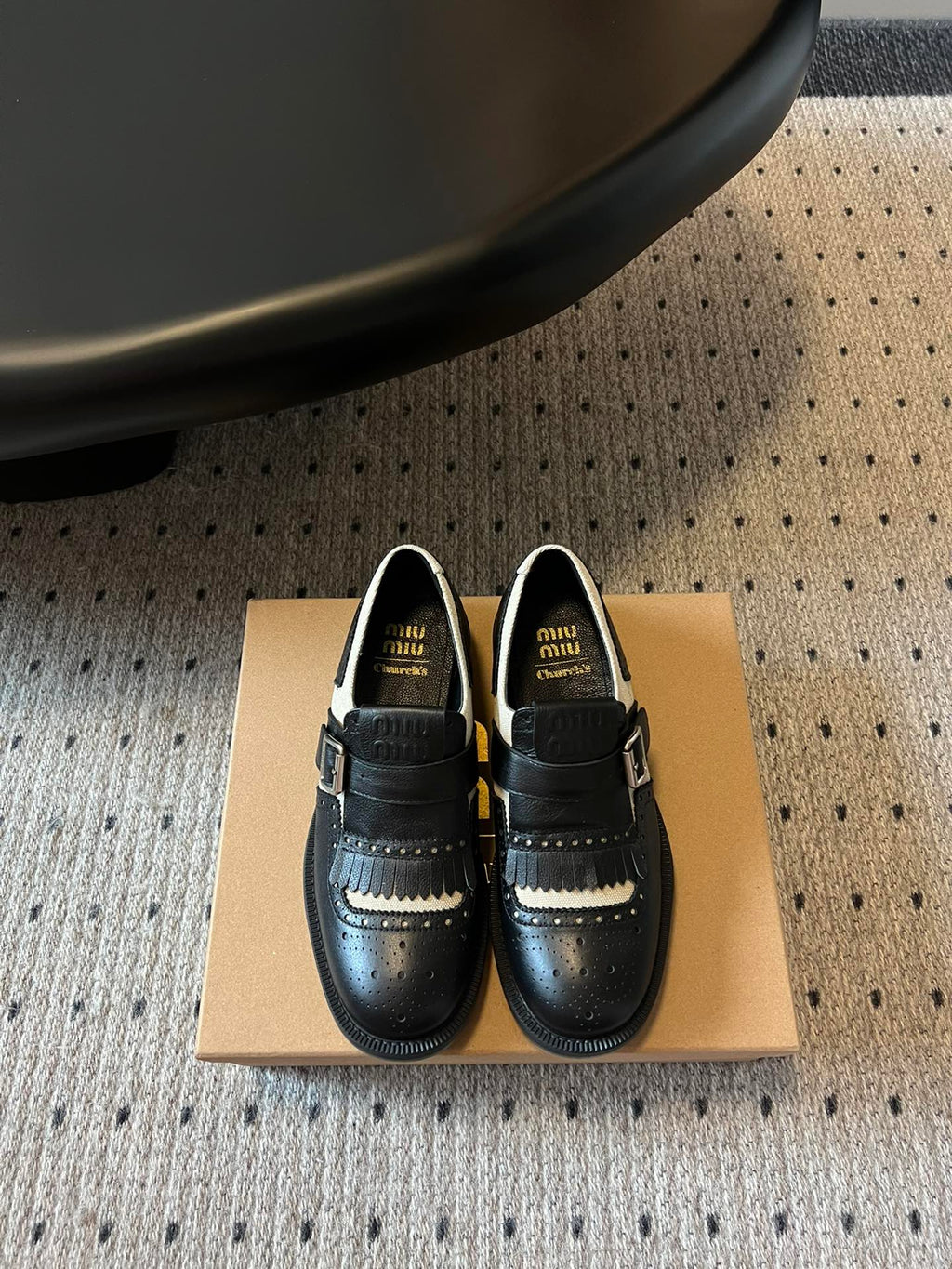 MIUMIU 26S FRINGE BUCKLE LOAFERS IN BLACK CALFSKIN