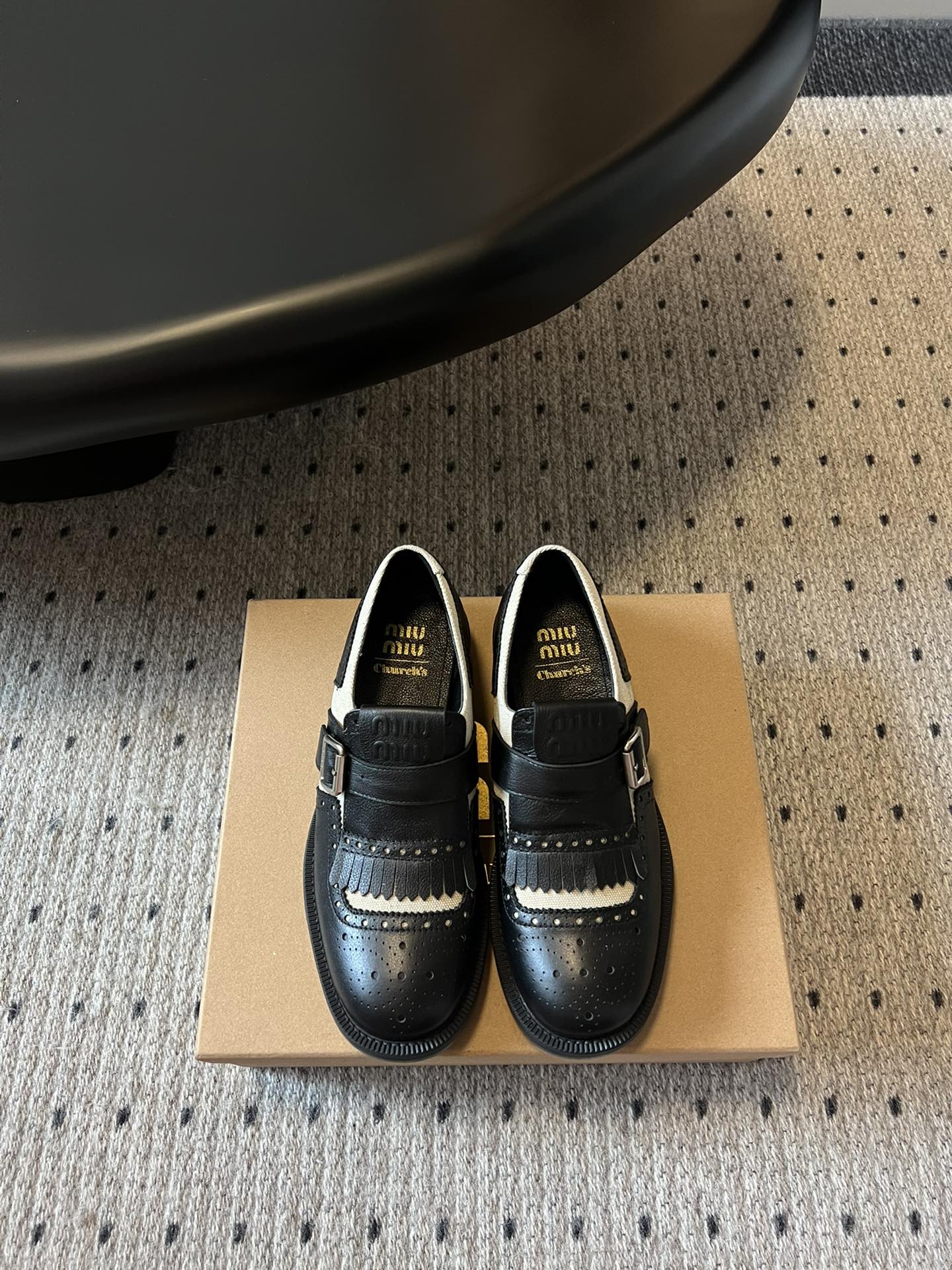 MIUMIU 26S FRINGE BUCKLE LOAFERS IN BLACK CALFSKIN