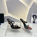 SL CRYSTAL BUCKLE HIGH HEELS BROWN SATIN