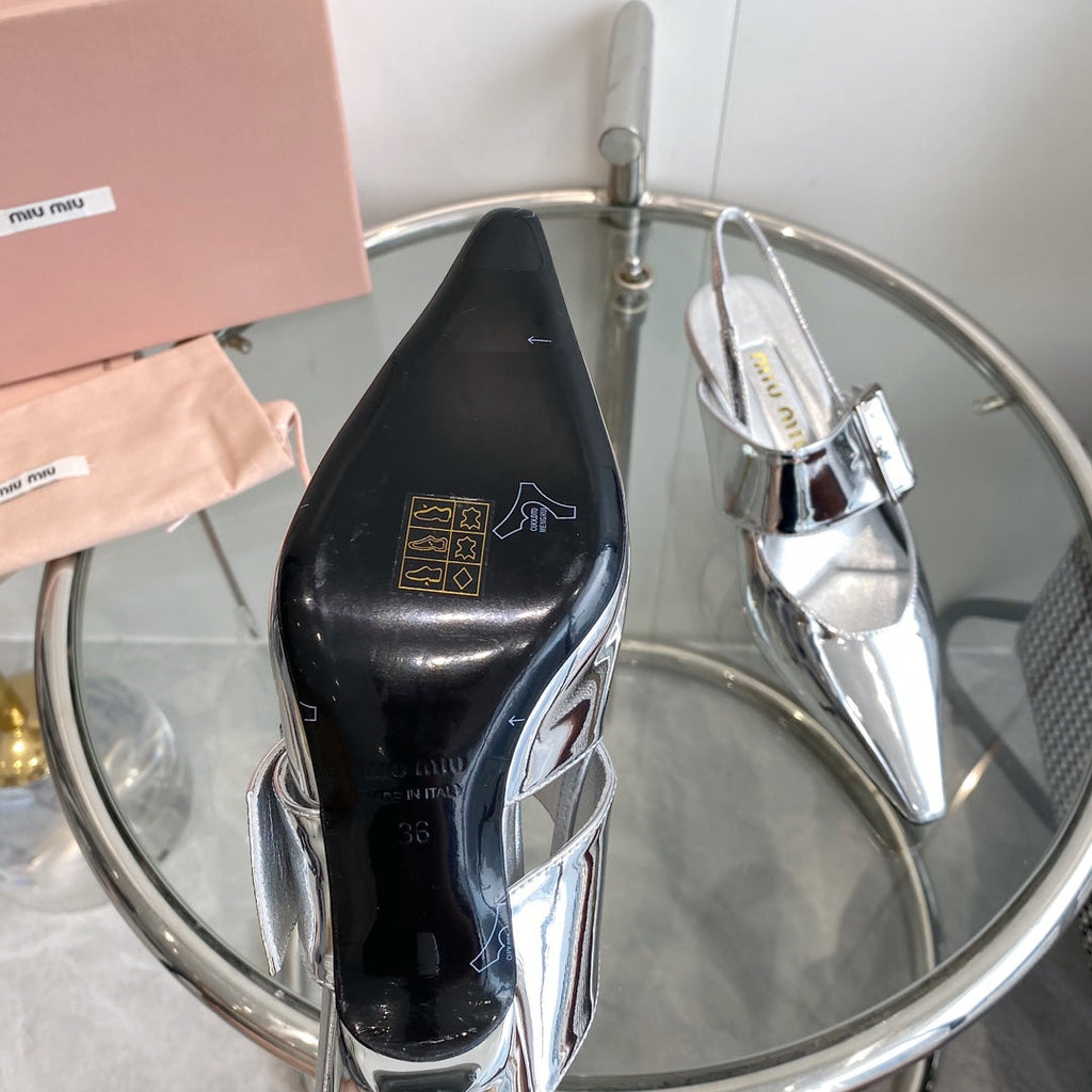 HIGH-SLINGBACK POINTED TOE SANDALS SILVER COWHIDE