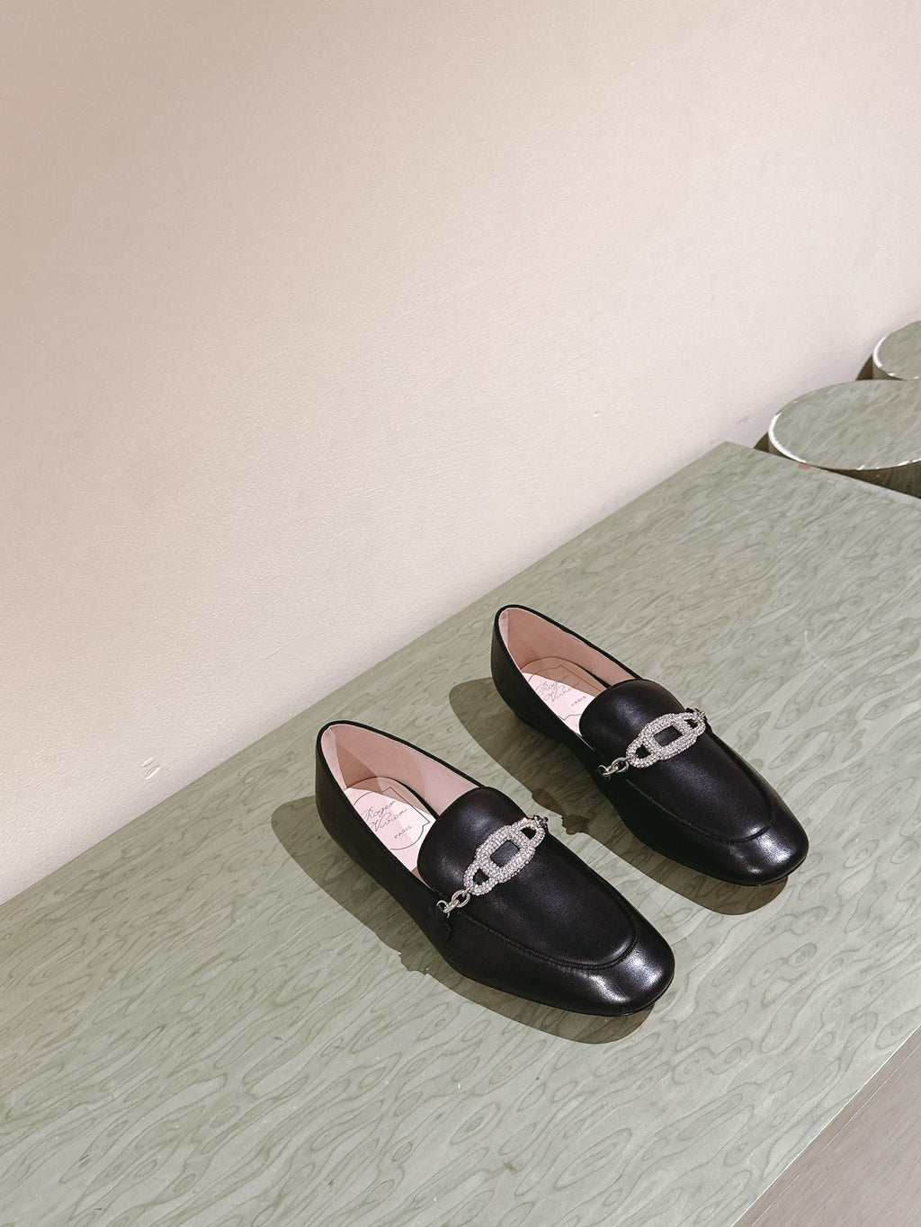 STRASS CHAIN LOAFERS IN BLACK CALFSKIN WITH CRYSTAL CHAIN DETAIL