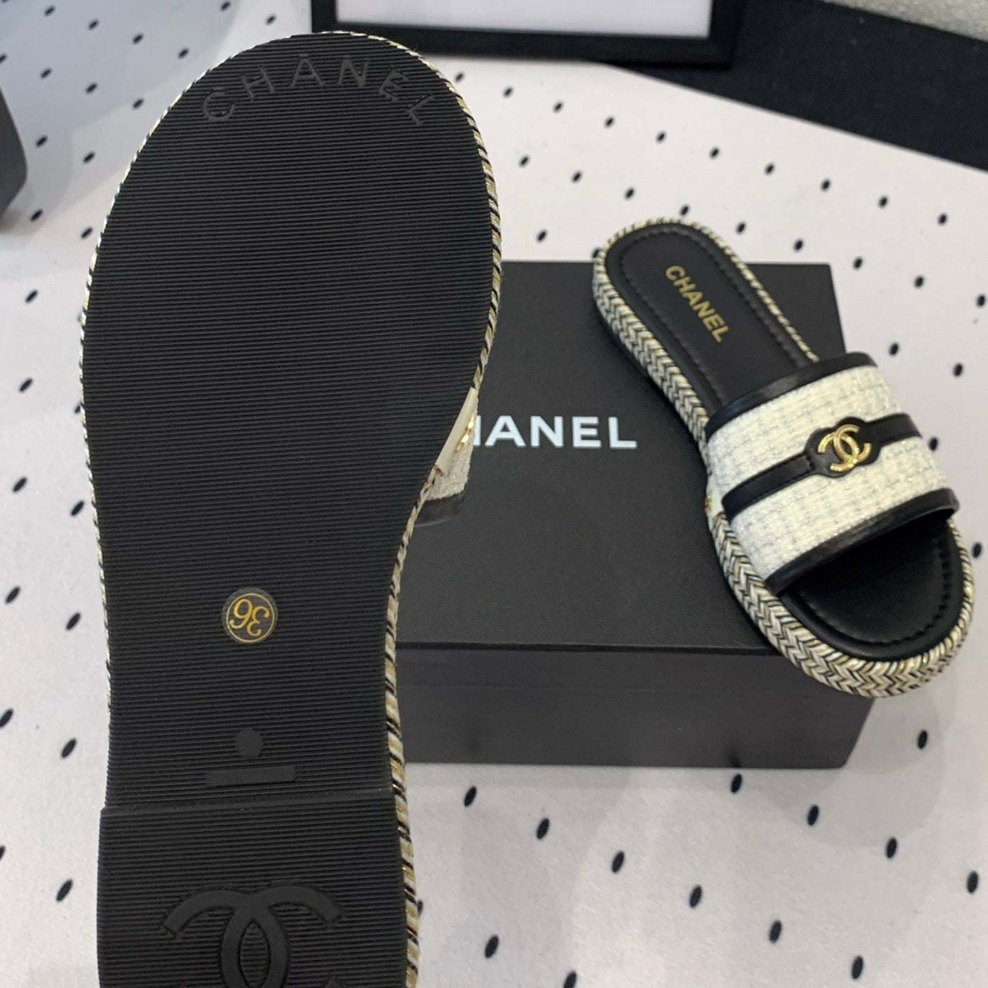 Double CC Women White Black Slippers Calfskin