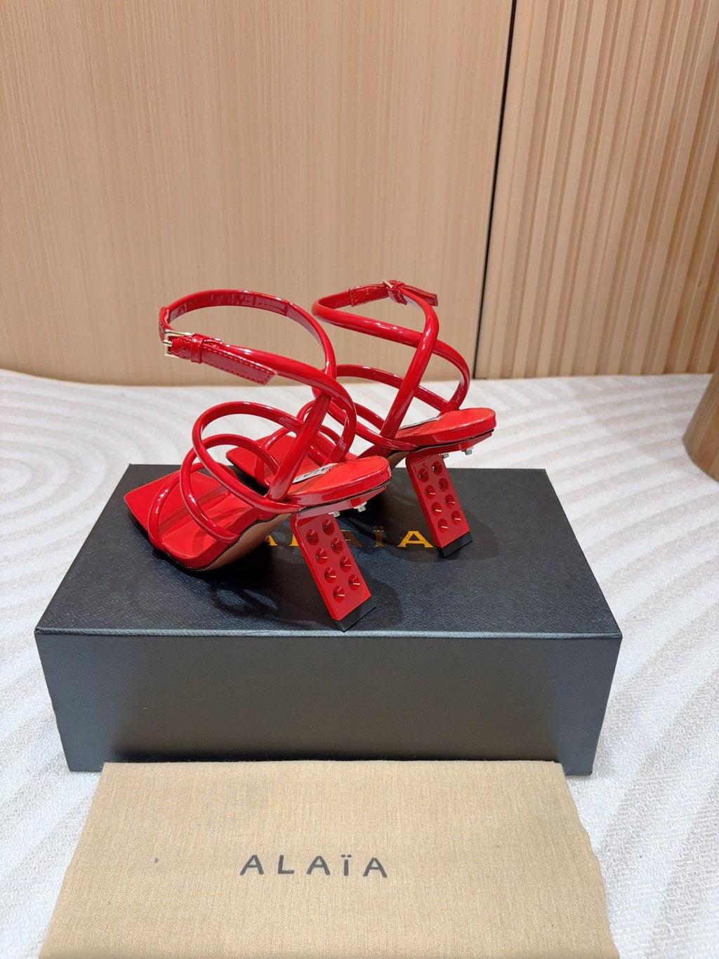 ALAIA THREE-STRAPS HIGH HEEL SANDALS IN CHERRY RED PATENT LAMBSKIN