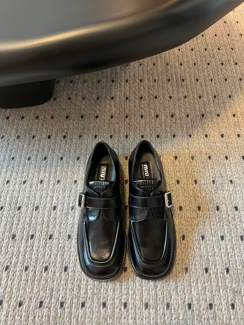 MIUMIU 26S SLIP-ON LOAFERS IN BLACK CALFSKIN SQUARE BUCKLE