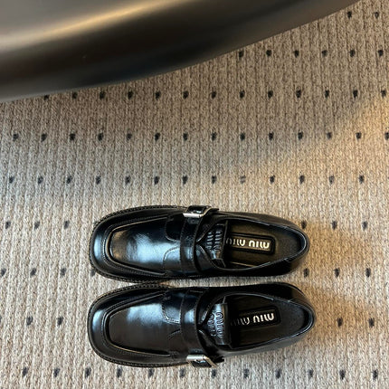 MIUMIU 26S SLIP-ON LOAFERS IN BLACK CALFSKIN SQUARE BUCKLE