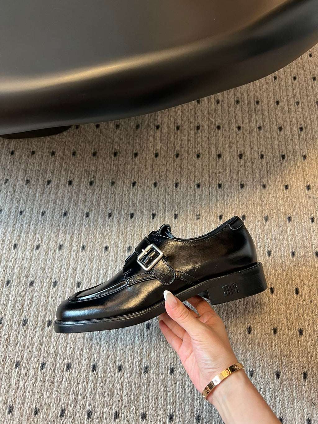 MIUMIU 26S SLIP-ON LOAFERS IN BLACK CALFSKIN SQUARE BUCKLE