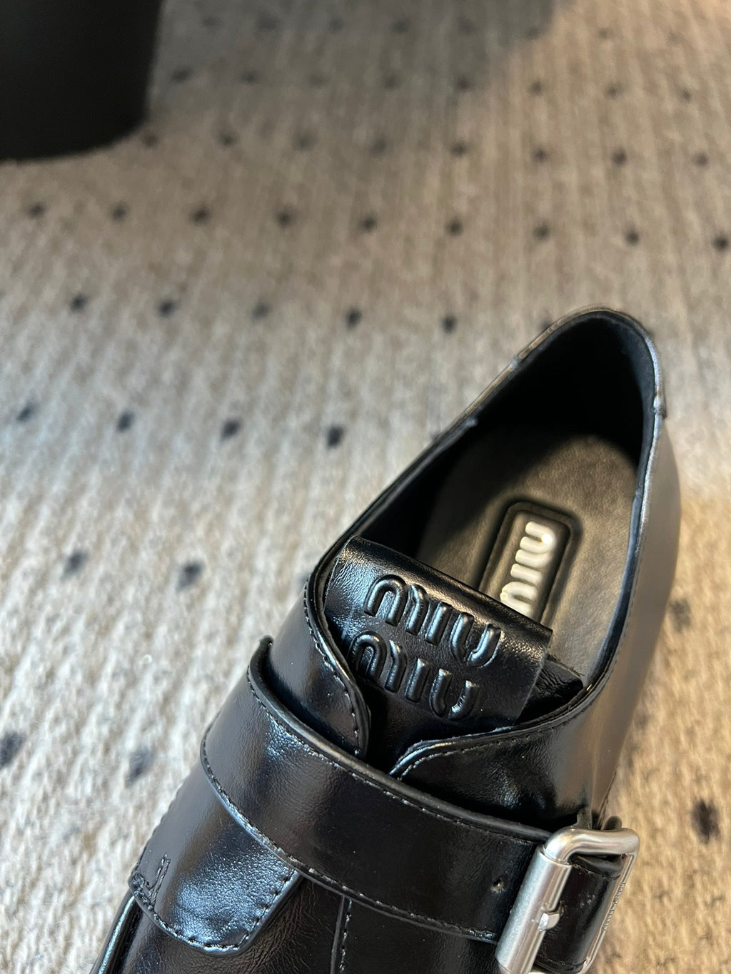 MIUMIU 26S SLIP-ON LOAFERS IN BLACK CALFSKIN SQUARE BUCKLE