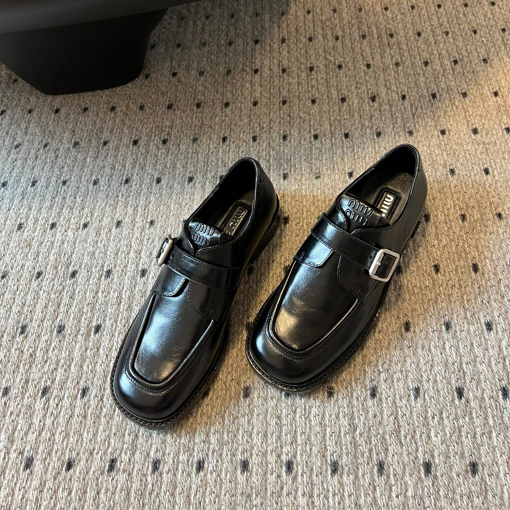 MIUMIU 26S SLIP-ON LOAFERS IN BLACK CALFSKIN SQUARE BUCKLE