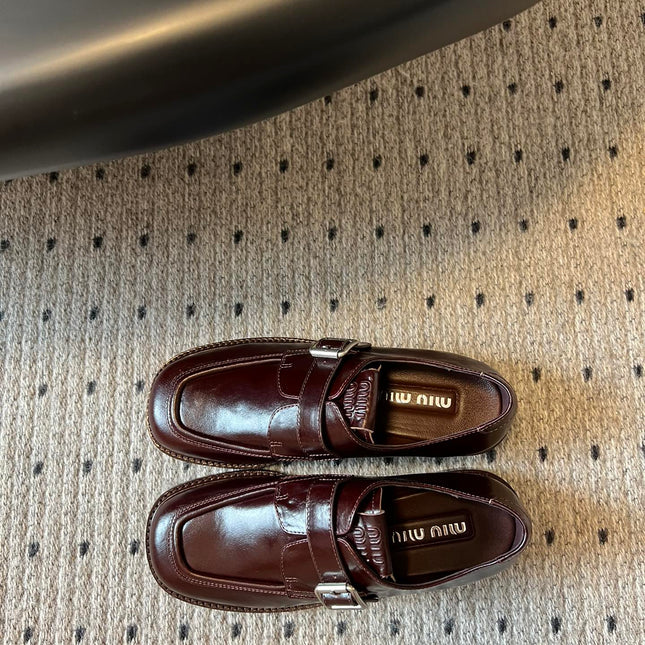 MIUMIU 26S SLIP-ON LOAFERS IN DARK REDDISH BROWN CALFSKIN SQUARE BUCKLE