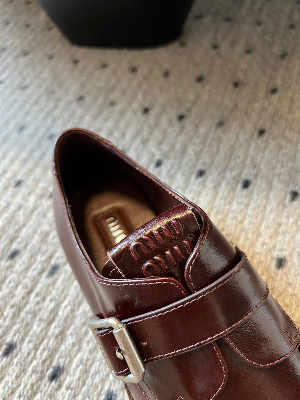 MIUMIU 26S SLIP-ON LOAFERS IN DARK REDDISH BROWN CALFSKIN SQUARE BUCKLE