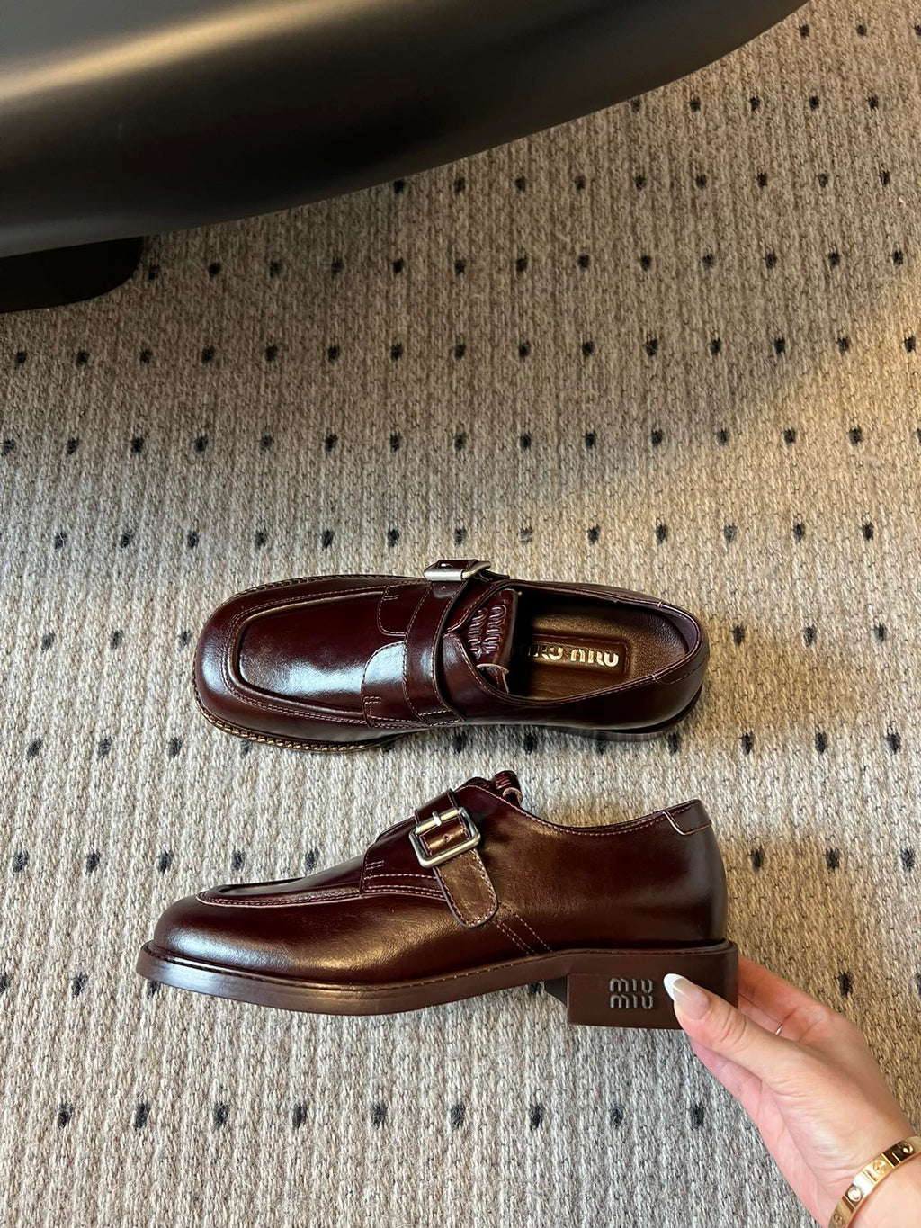 MIUMIU 26S SLIP-ON LOAFERS IN DARK REDDISH BROWN CALFSKIN SQUARE BUCKLE