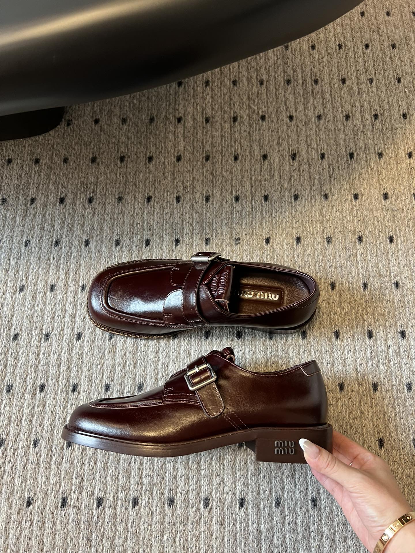 MIUMIU 26S SLIP-ON LOAFERS IN DARK REDDISH BROWN CALFSKIN SQUARE BUCKLE