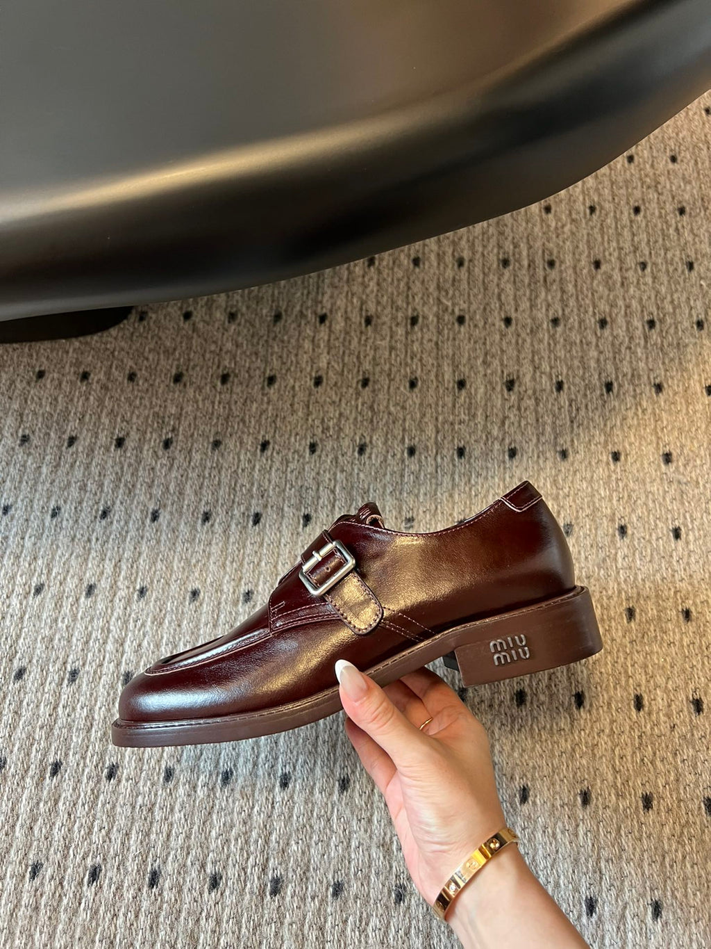 MIUMIU 26S SLIP-ON LOAFERS IN DARK REDDISH BROWN CALFSKIN SQUARE BUCKLE