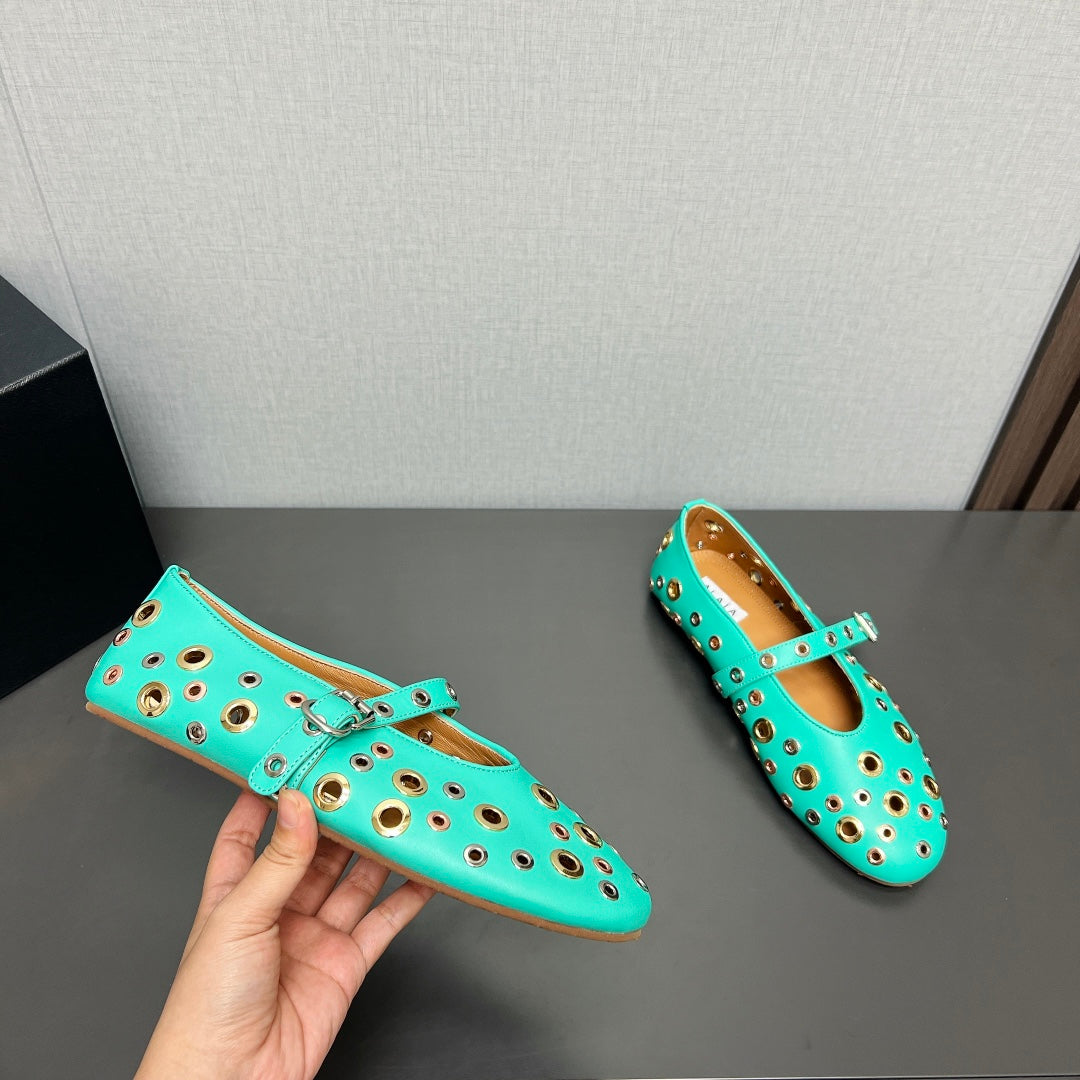 ALAIA MARY JANE SHOES IN GREEN MINT LAMBSKIN GOLD MIX SILVER HARDWARE