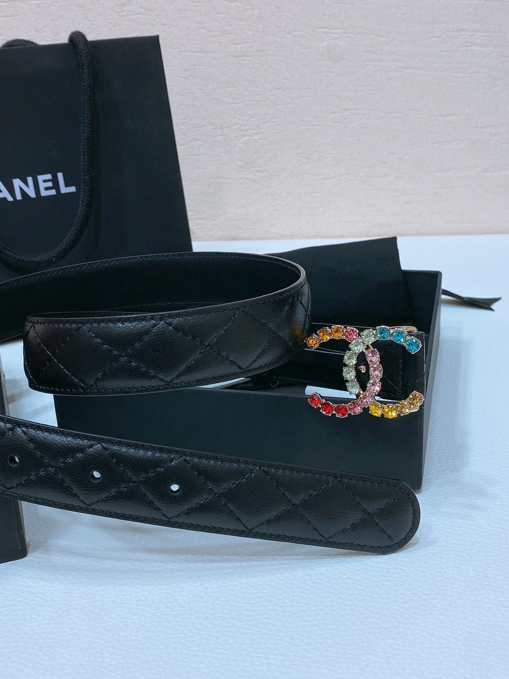 CC BELT 30 MM IN BLACK EMBROIDERED CALFSKIN WITH COLORFUL RHINSTONES METAL LOGO