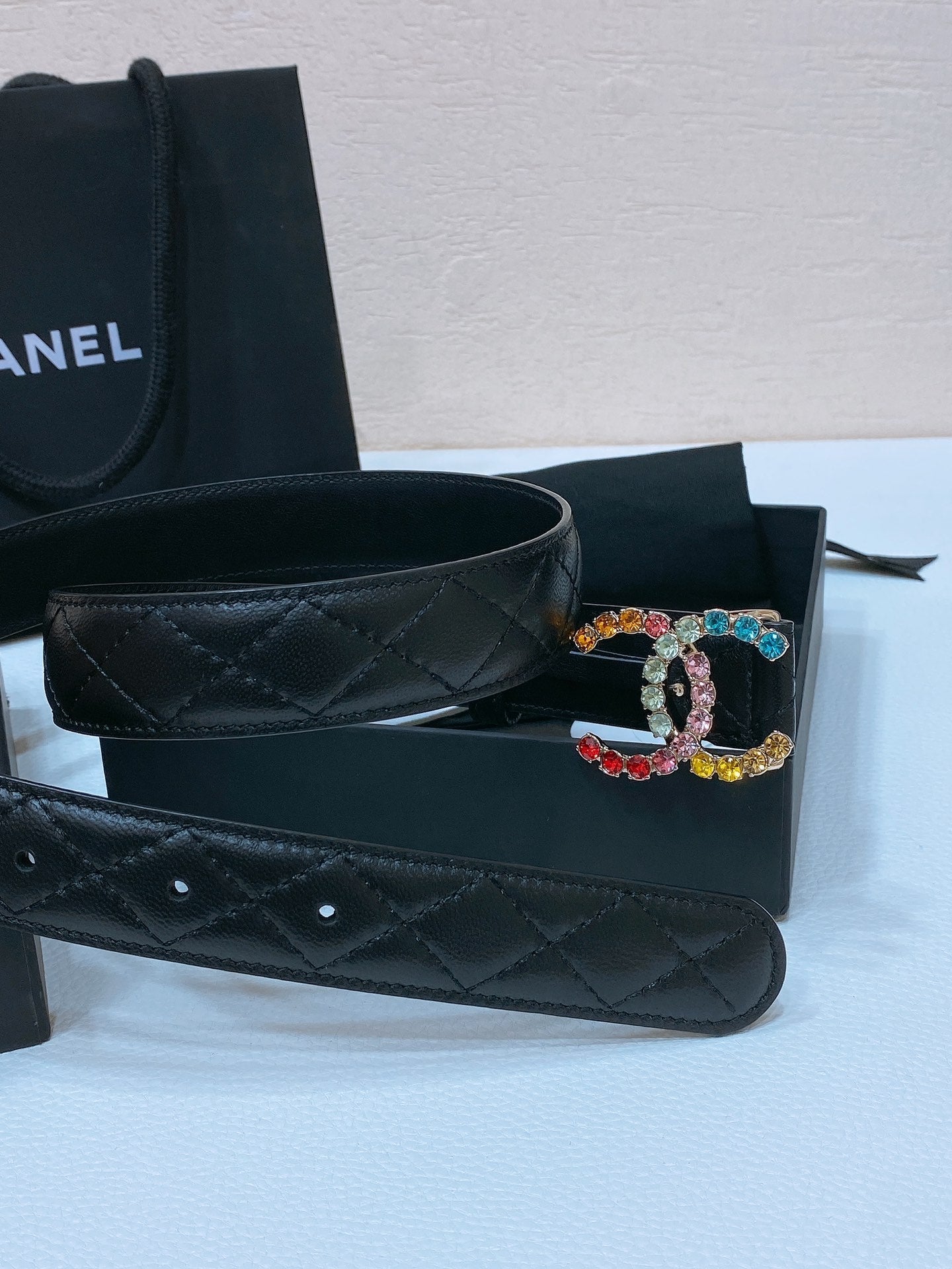 CC BELT 30 MM IN BLACK EMBROIDERED CALFSKIN WITH COLORFUL RHINSTONES METAL LOGO