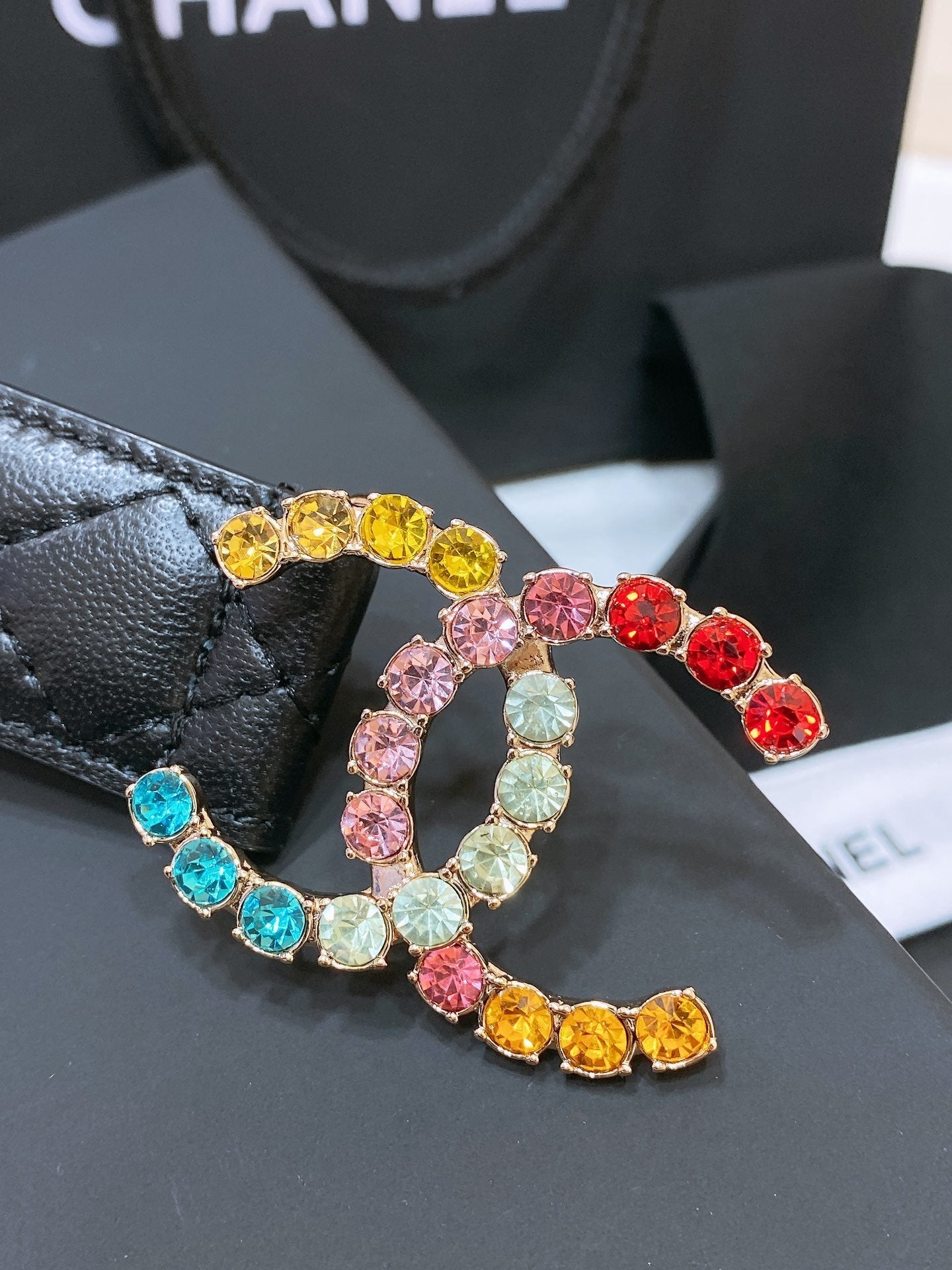 CC BELT 30 MM IN BLACK EMBROIDERED CALFSKIN WITH COLORFUL RHINSTONES METAL LOGO