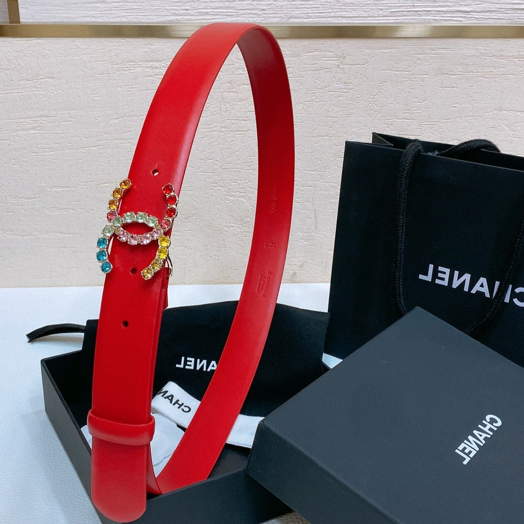 CC BELT 30 MM IN CHERRY RED CALFSKIN WITH COLORFUL RHINSTONES METAL LOGO