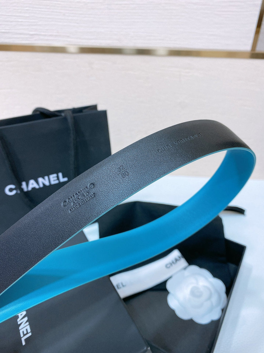 CC BELT 30 MM IN SKY BLUE CALFSKIN WITH COLORFUL RHINSTONES METAL LOGO