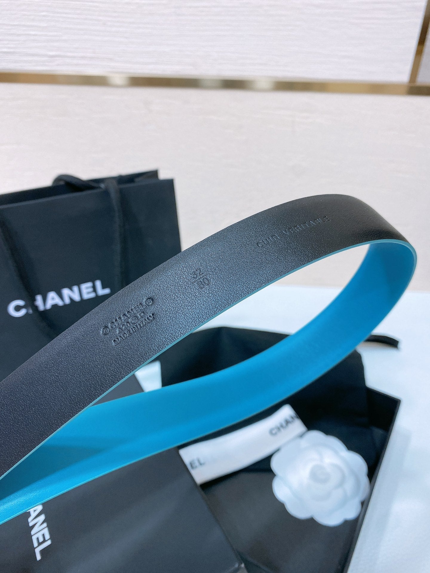 CC BELT 30 MM IN SKY BLUE CALFSKIN WITH COLORFUL RHINSTONES METAL LOGO