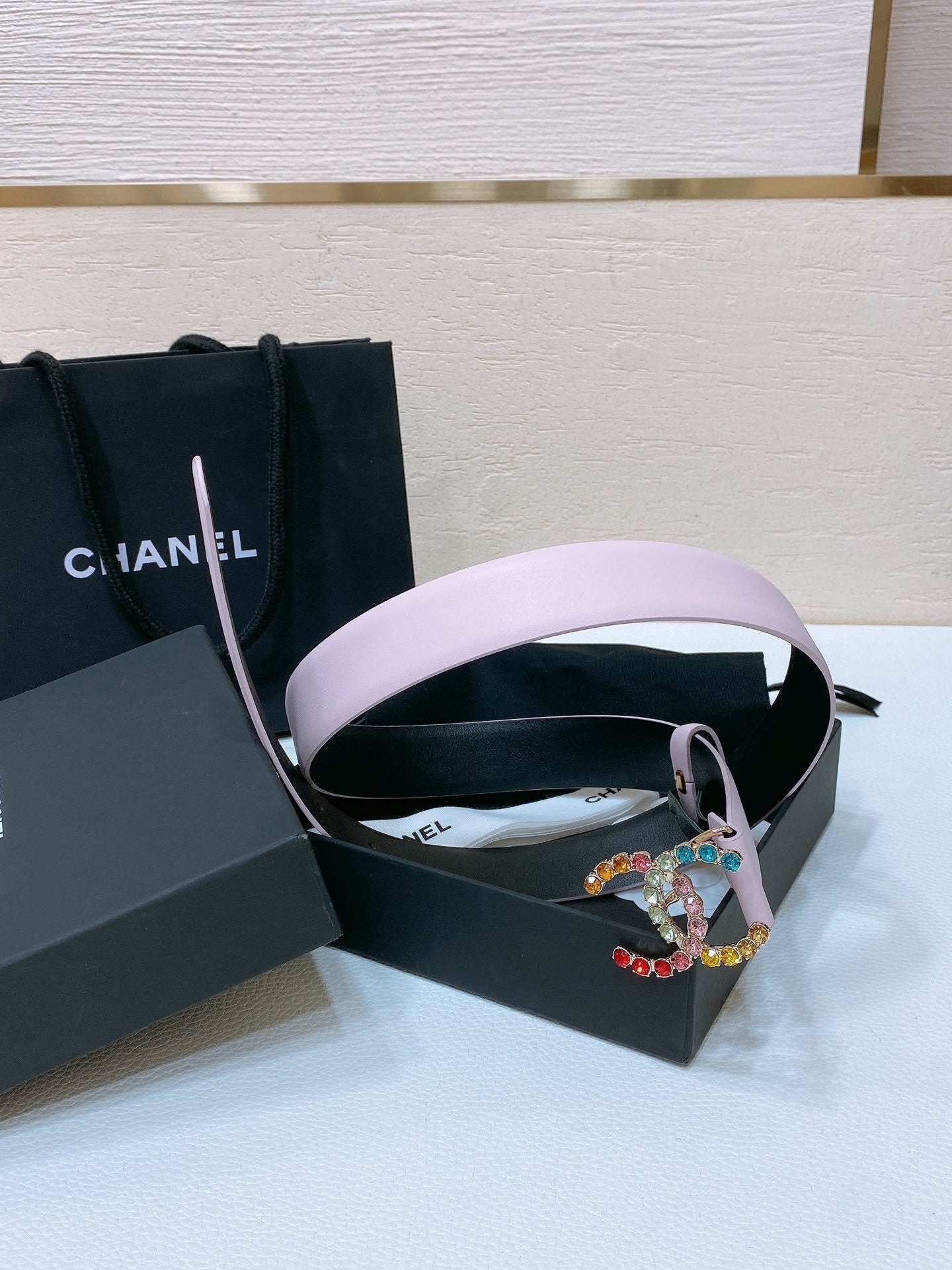 CC BELT 30 MM IN PASTEL PINK CALFSKIN WITH COLORFUL RHINSTONES METAL LOGO