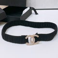 CC ELASTIC BELT 30MM IN BLACK WOOL FABRIC GOLD HARDWARE WITH RHINSTONES